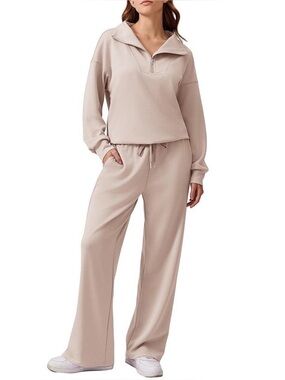 Women's Cozy Zip-Neck Lounge Set in Light Beige